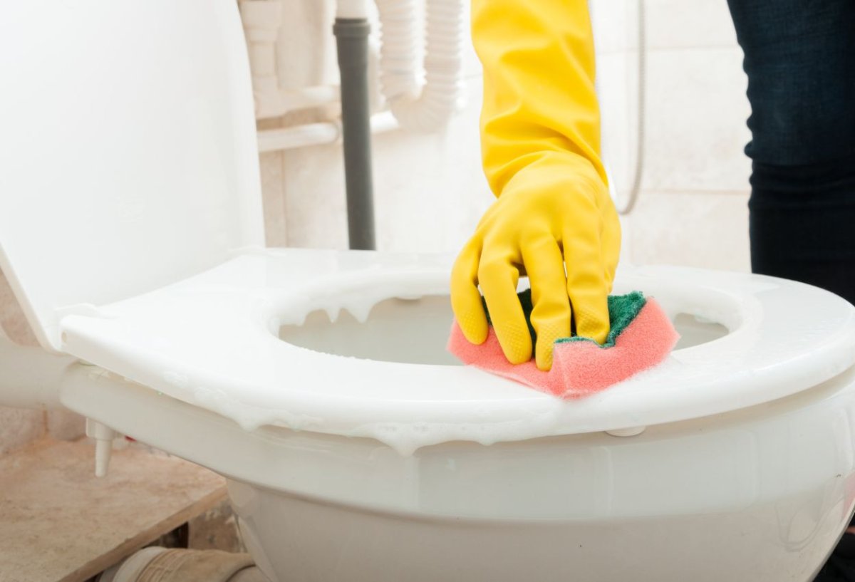 Bathroom cleaning service that includes scrubbing and disinfecting toilets, showers, bathtubs, sinks, and wiping down mirrors and tiles.